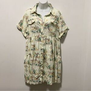 Merigold Kiss Flowy Cuctus Print Sundress with Polo Collar and Cuffed Sleeves